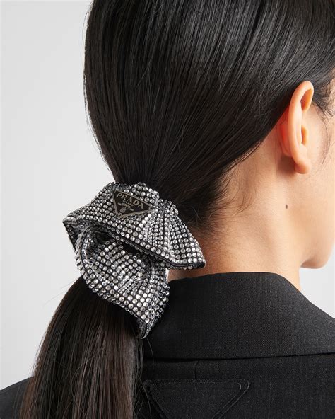 prada crystal scrunchie|Prada metal hair clip.